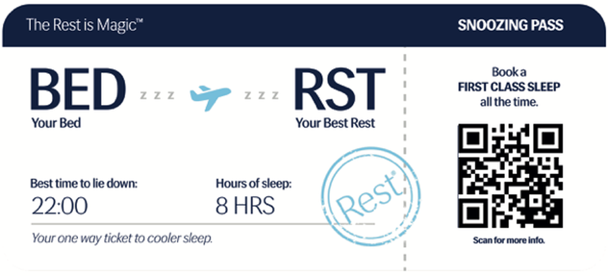 Rest Snoozing Pass — a navy and white card styled like an airline boarding pass